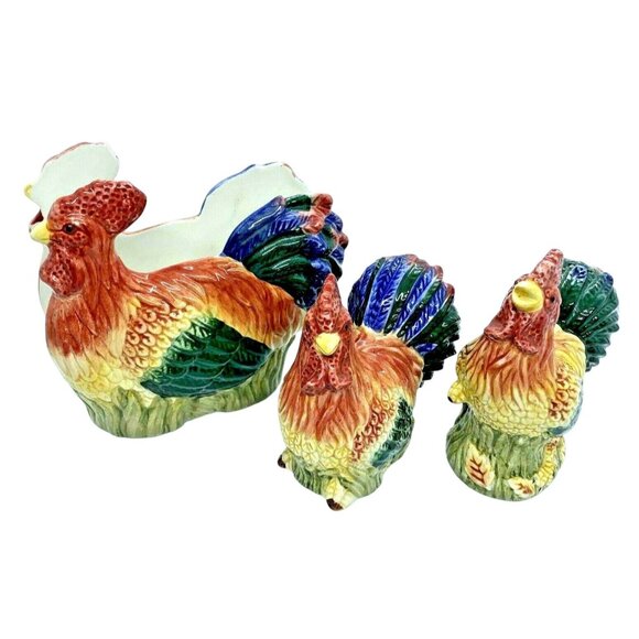 Ceramic Chicken Rooster Napkin Holder Salt & Pepper Set - Picture 1 of 12